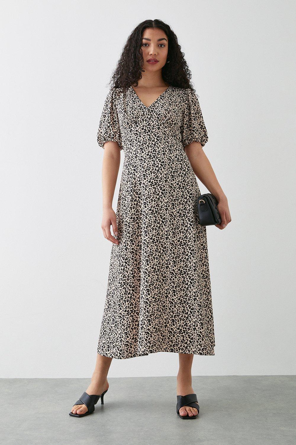 Womens Leopard Print Empire Puff Sleeve Midi Dress