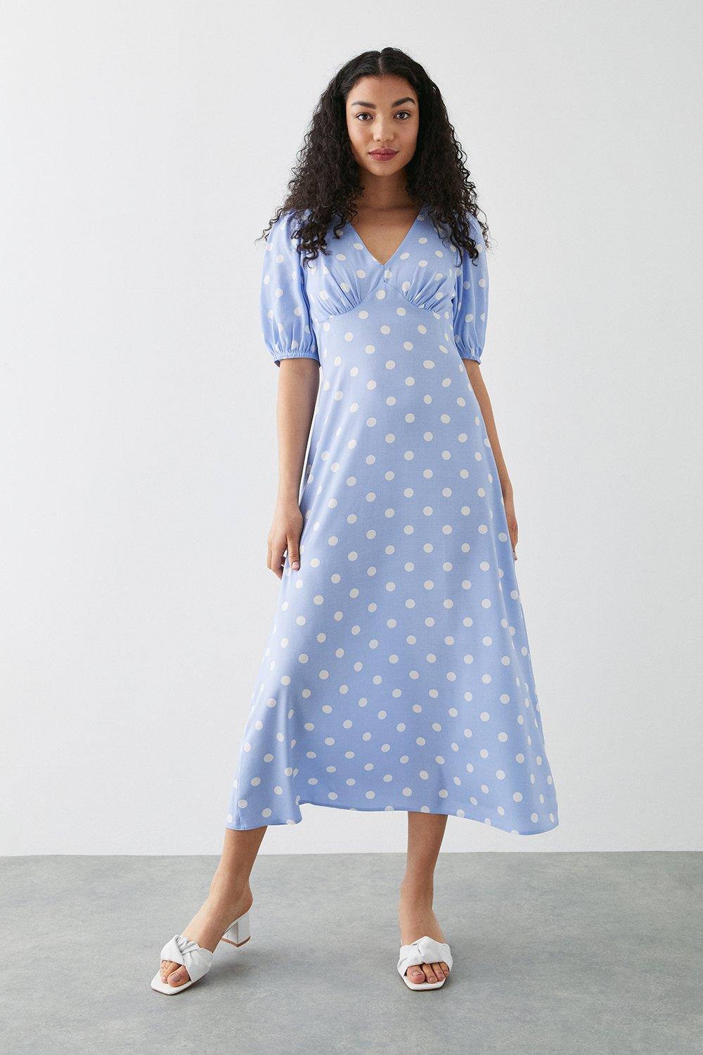 Womens Blue Spot Print Empire Puff Sleeve Midi Dress