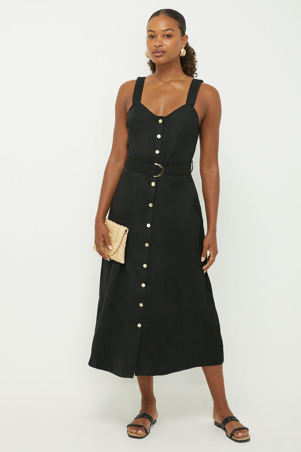 Womens Tall Black Button Through Strappy Midi Dress