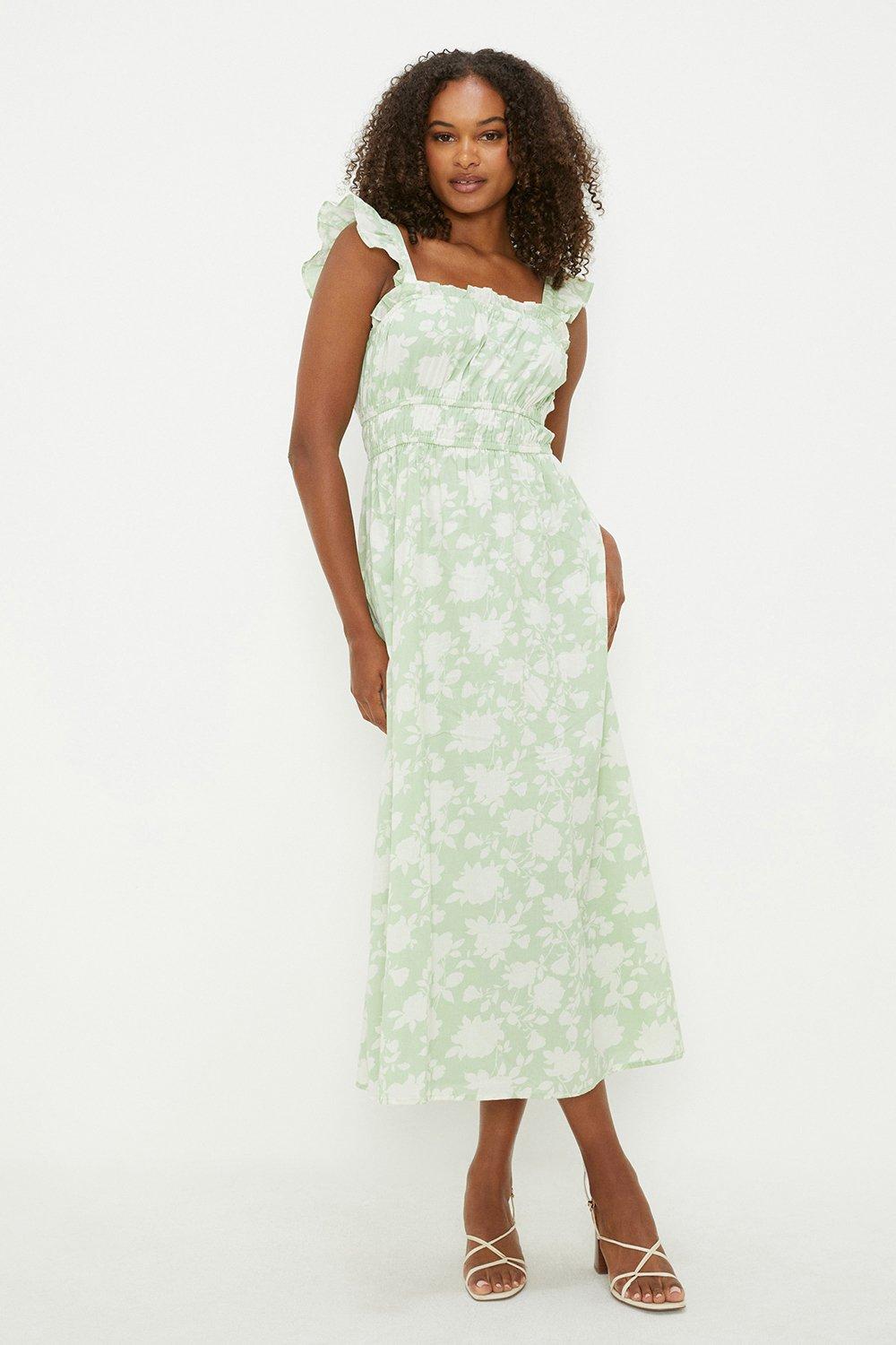 Womens Tall Sage Floral Print Ruffle Strap Midi Dress