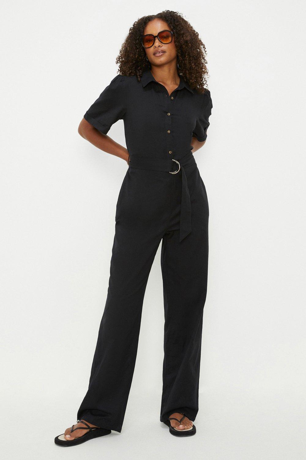 Womens Tall Belted Button Down Jumpsuit