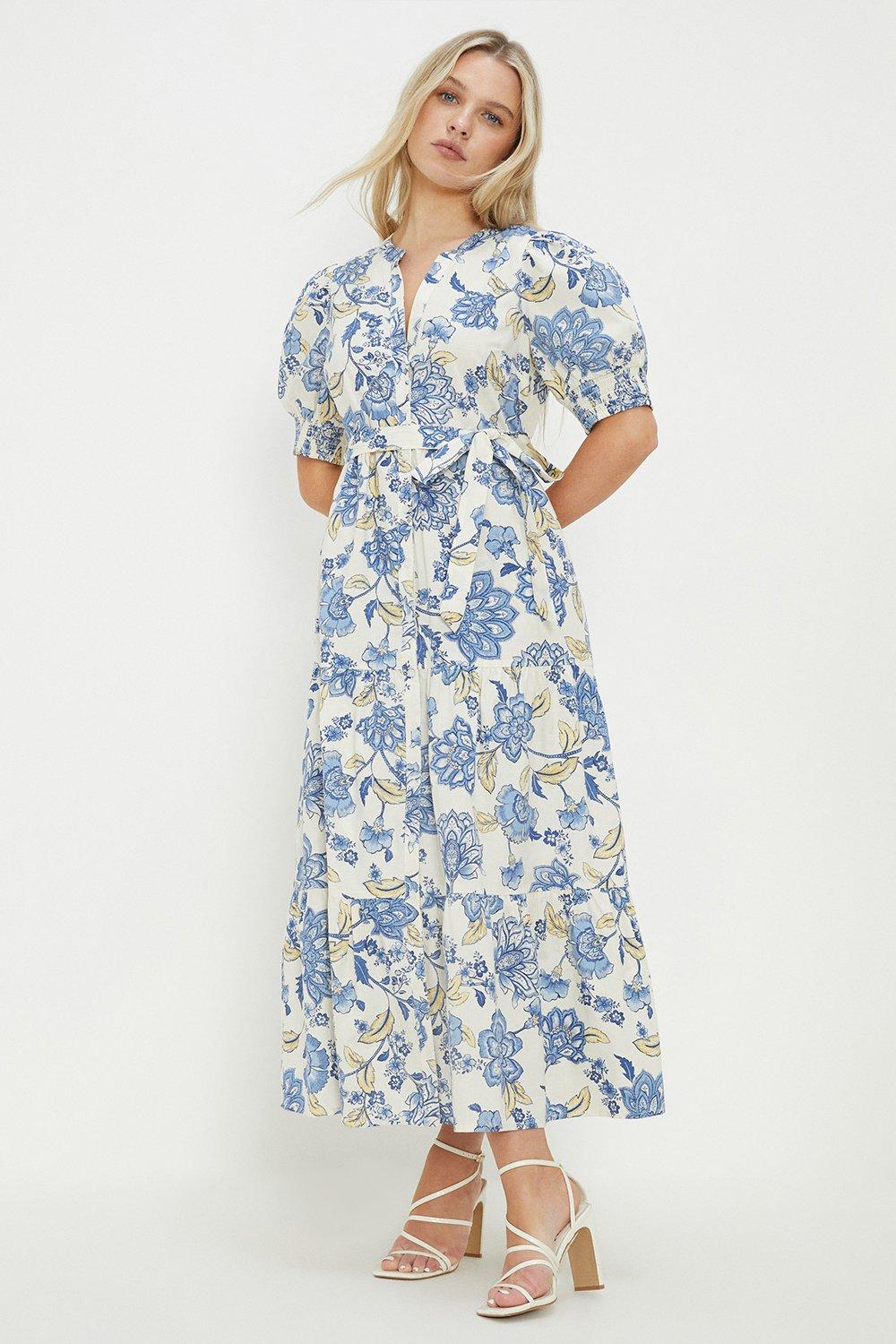 Womens Petite Ivory Poplin Floral Print Shirt Dress