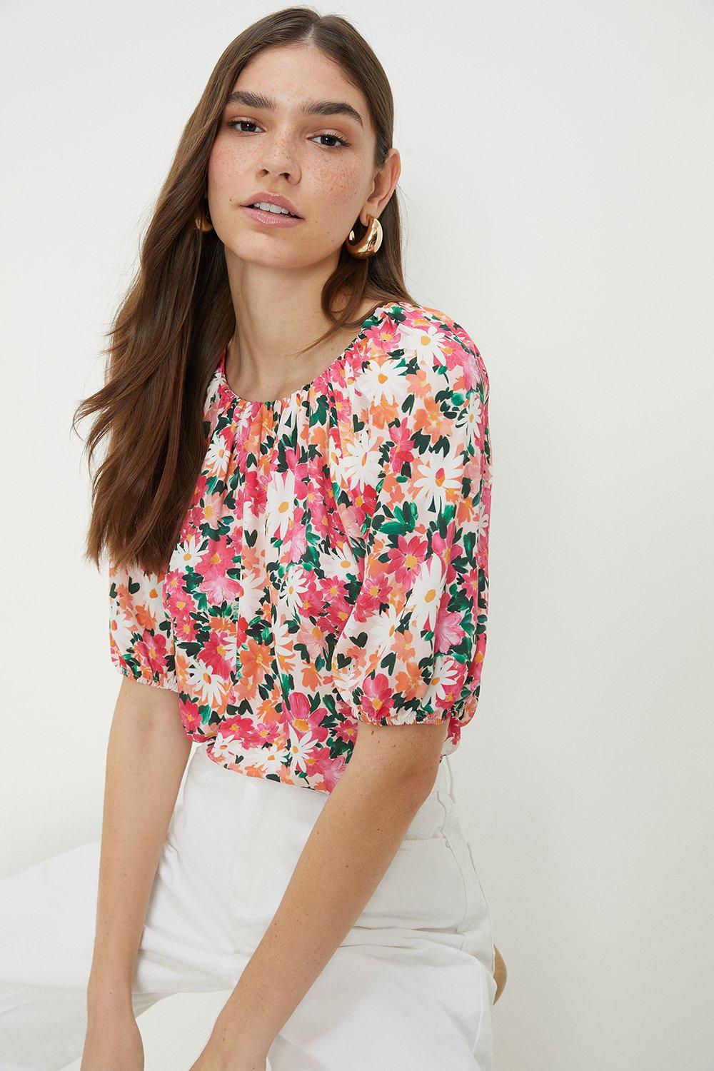 Womens Painted Floral Puff Sleeve Blouse