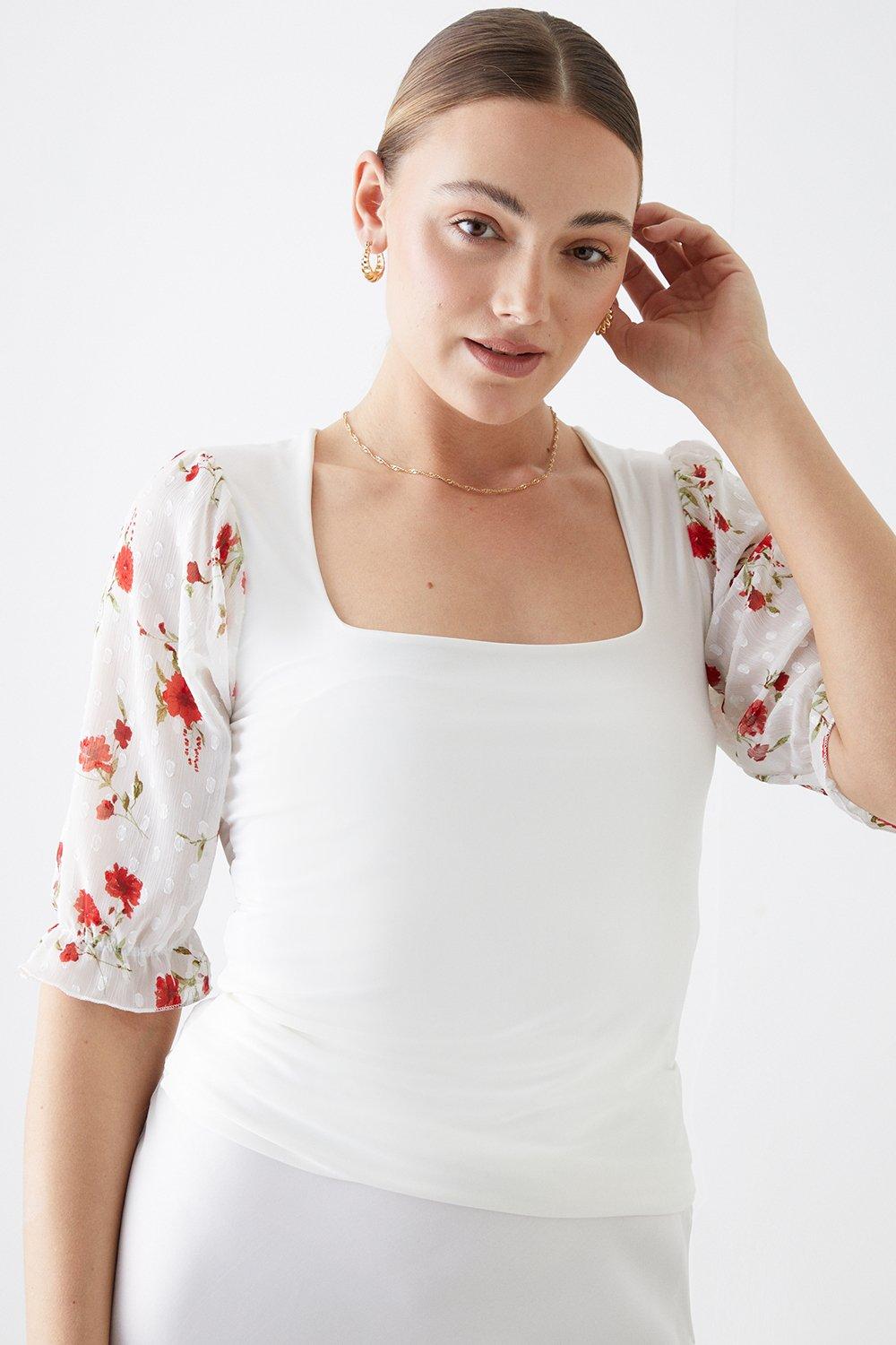 Womens Tall Floral Embroidered Sleeve Top
