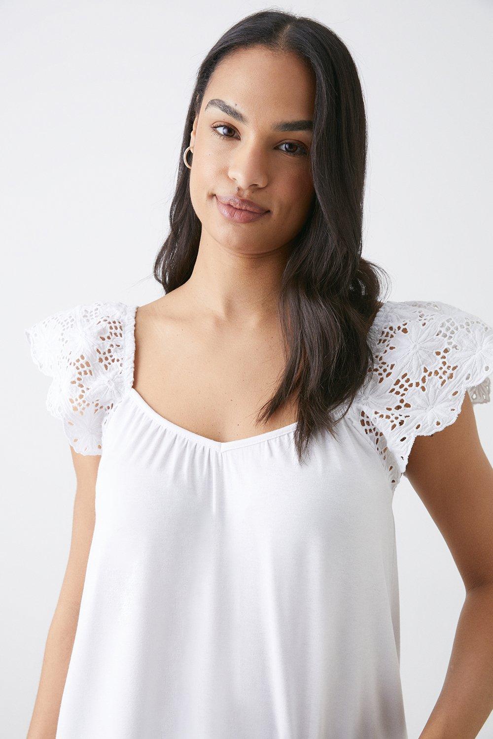 Womens Broderie Frill Sleeve Top