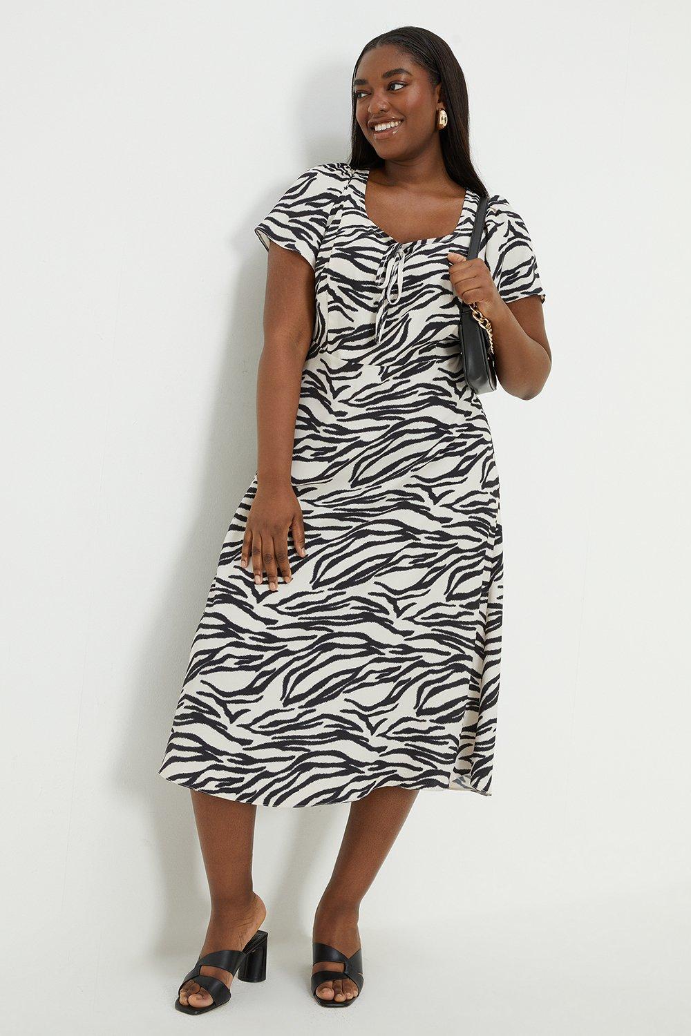 Womens Curve Zebra Print Tie Front Midi Dress