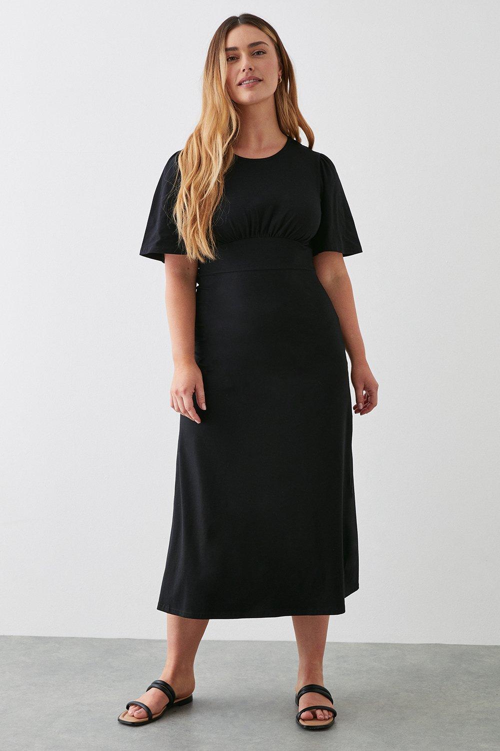 Womens Black Flutter Sleeve Empire Waist Midi Dress