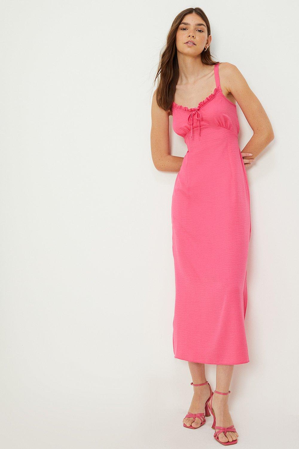 Womens Tall Pink Strappy Ruffle Detail Midi Dress
