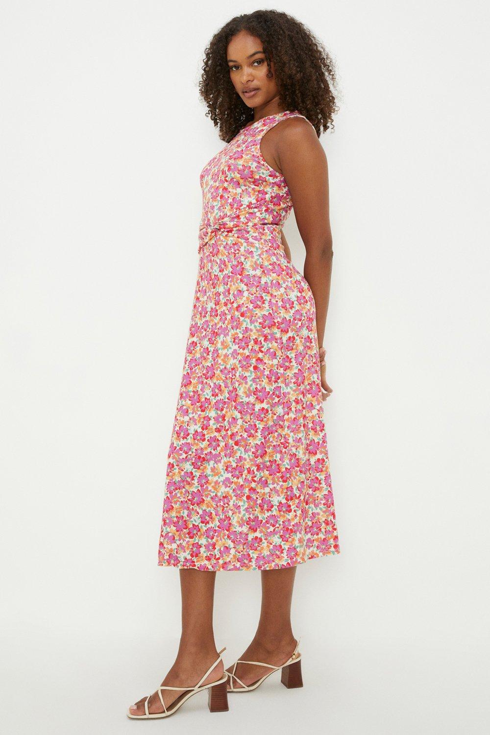 Womens Tall Pink Floral Twist Waist Detail Sleeveless Midi Dress