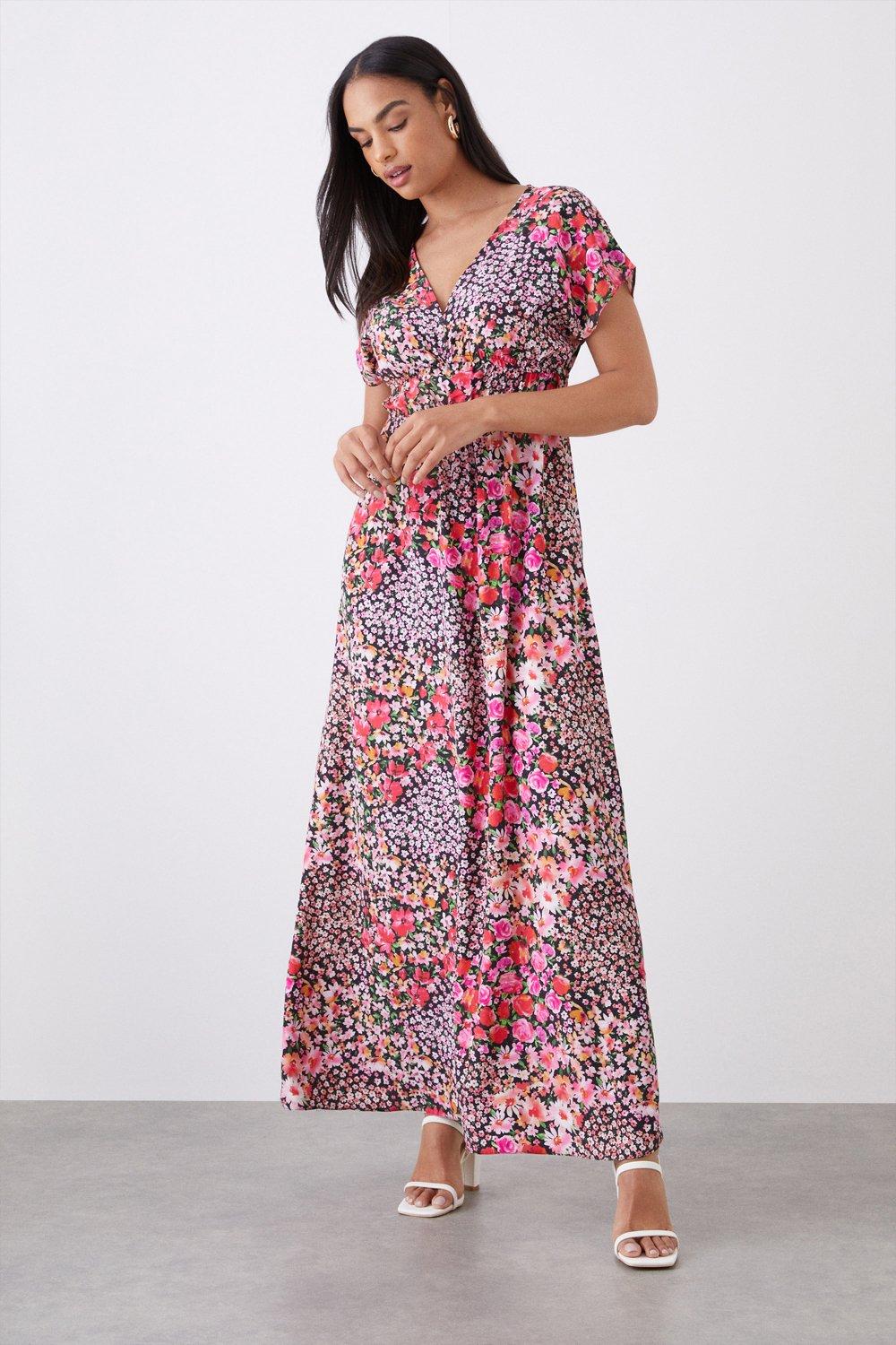 Womens Multi Floral Print V Neck Maxi Dress