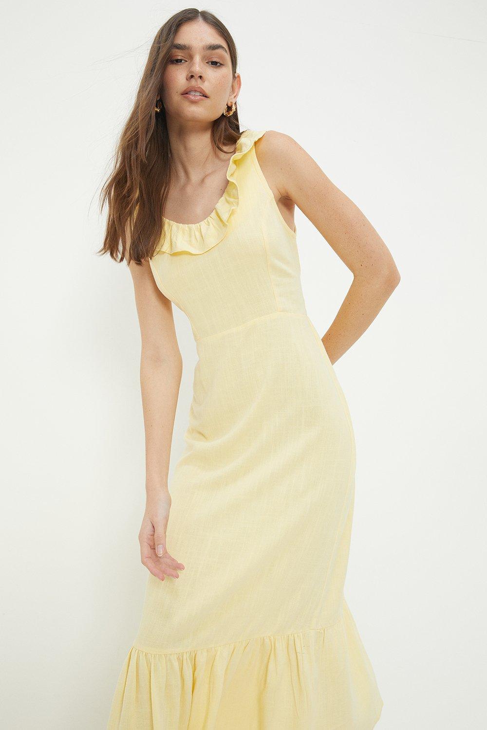Womens Yellow Ruffle Detail Midi Dress