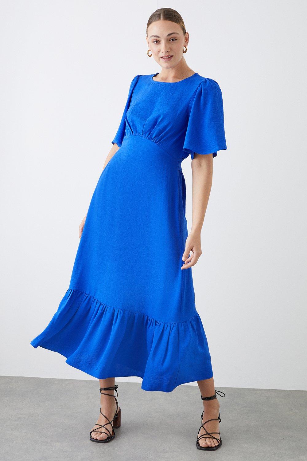 Womens Tall Blue Flutter Sleeve Midi Dress