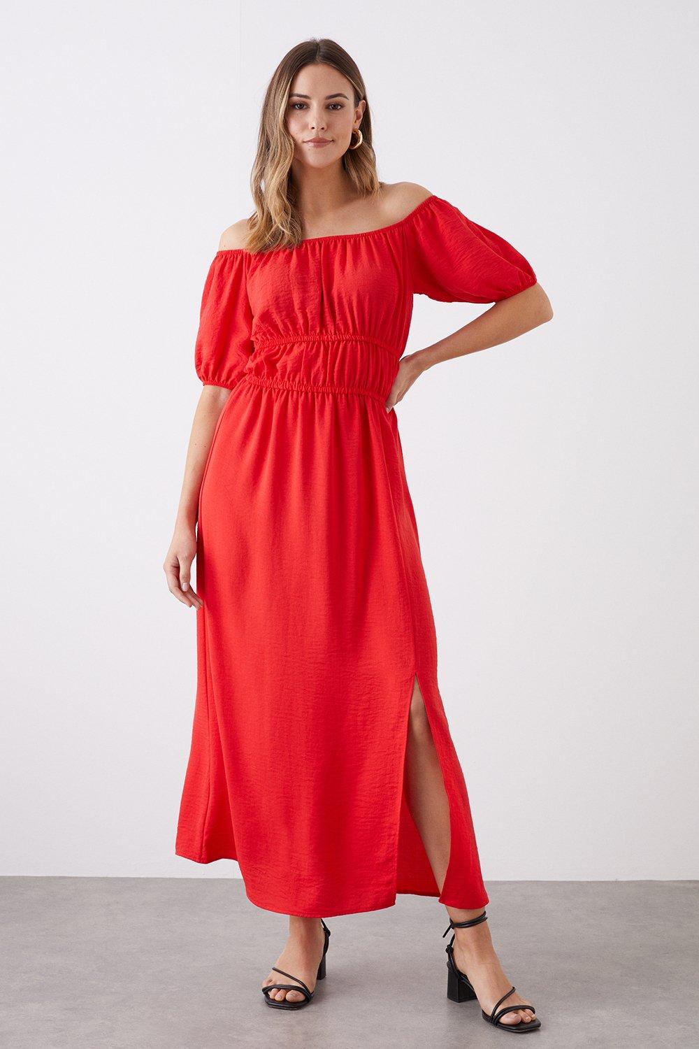 Womens Tall Red Bardot Midi Dress