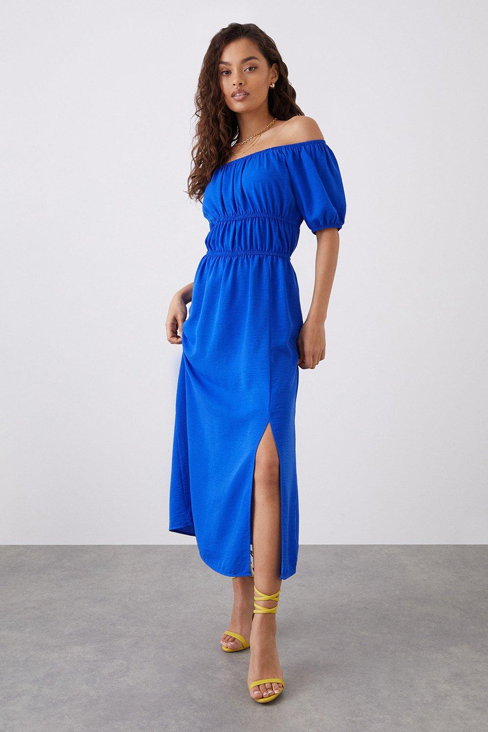Womens Petite Blue Bardot Midi Dress