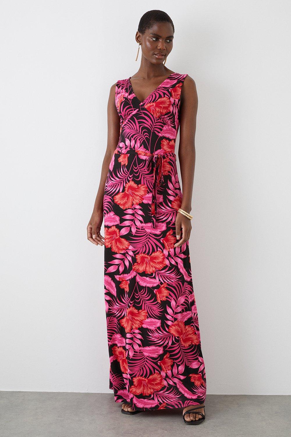 Womens Tall Pink Palm Print V Neck Maxi Dress