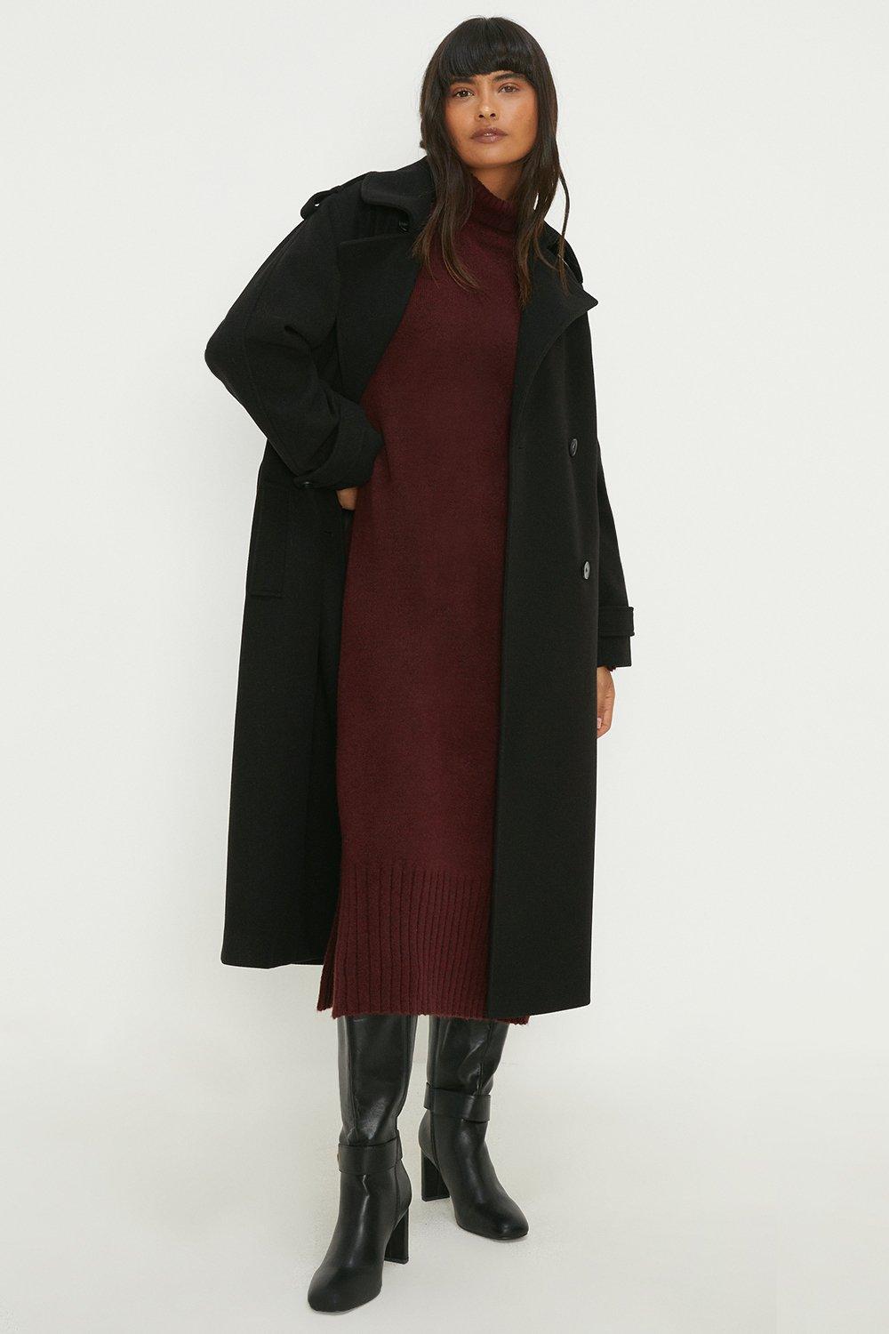 Womens Belted Wool Look Trench Coat