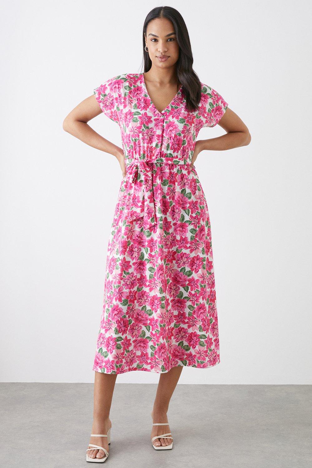 Womens Pink Floral Belted Midi Dress