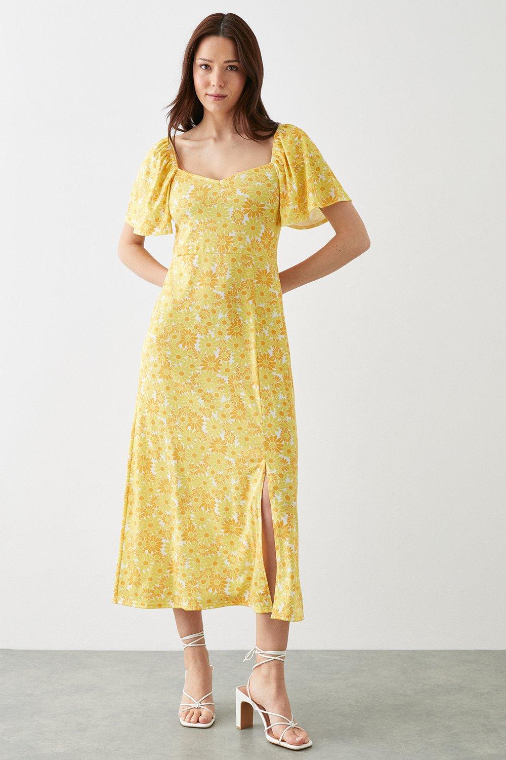 Womens Yellow Daisy Flutter Sleeve Midi Dress