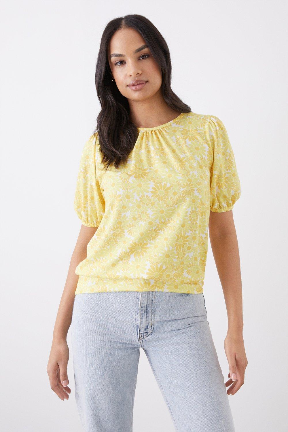 Womens Floral Banded Hem Puff Sleeve Top