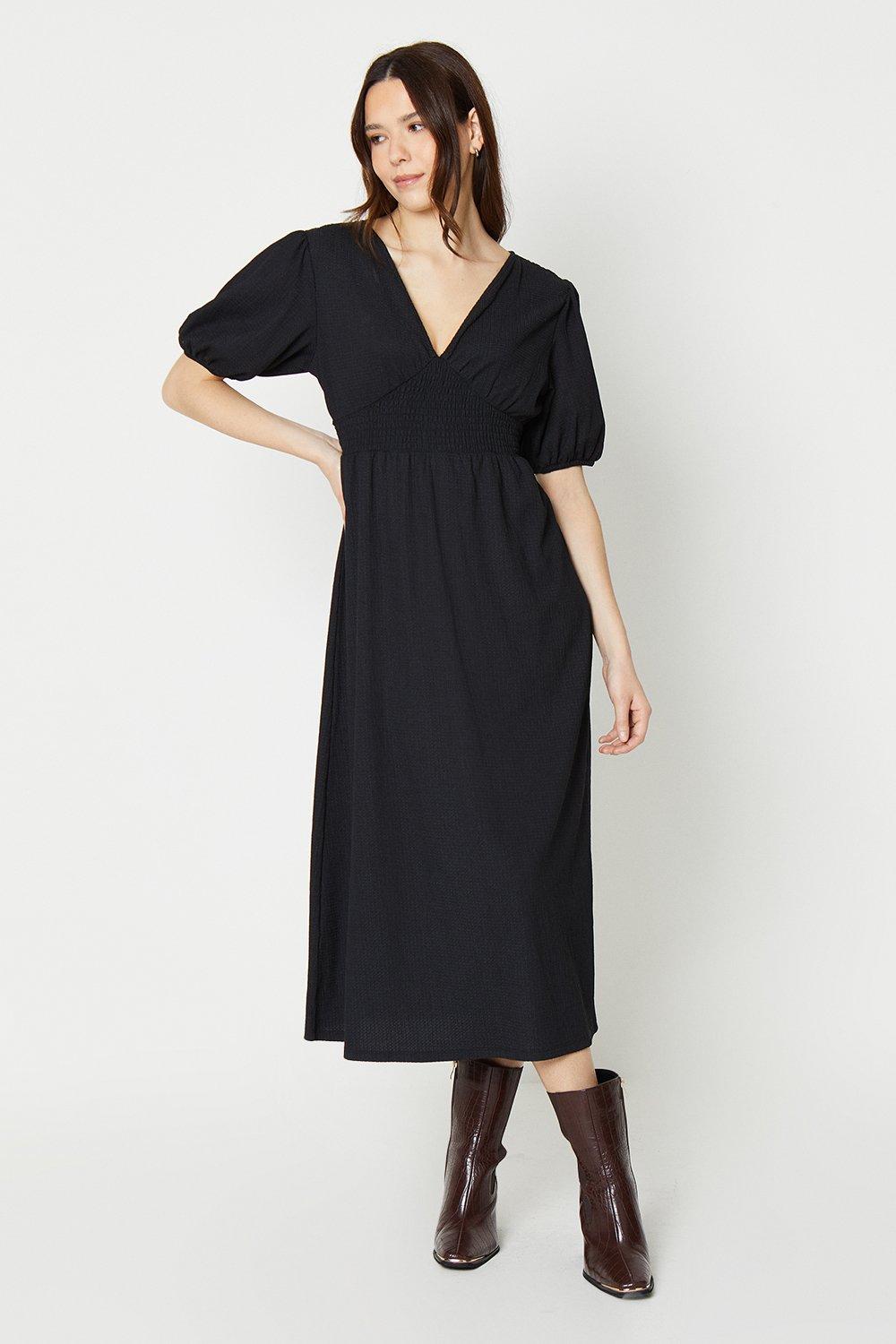 Womens Black Shirred Waist Midi Dress