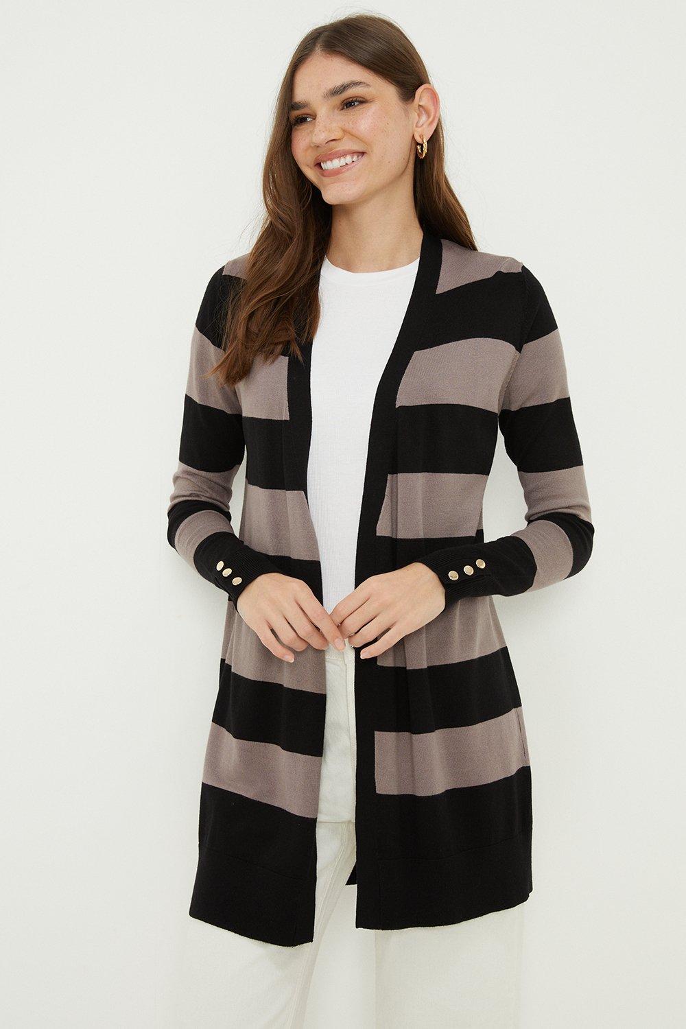 Womens Stripe Longline Button Cuff Cardigan