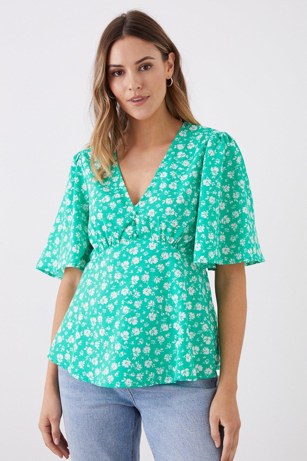 Womens Green Ditsy Button Front Tea Blouse