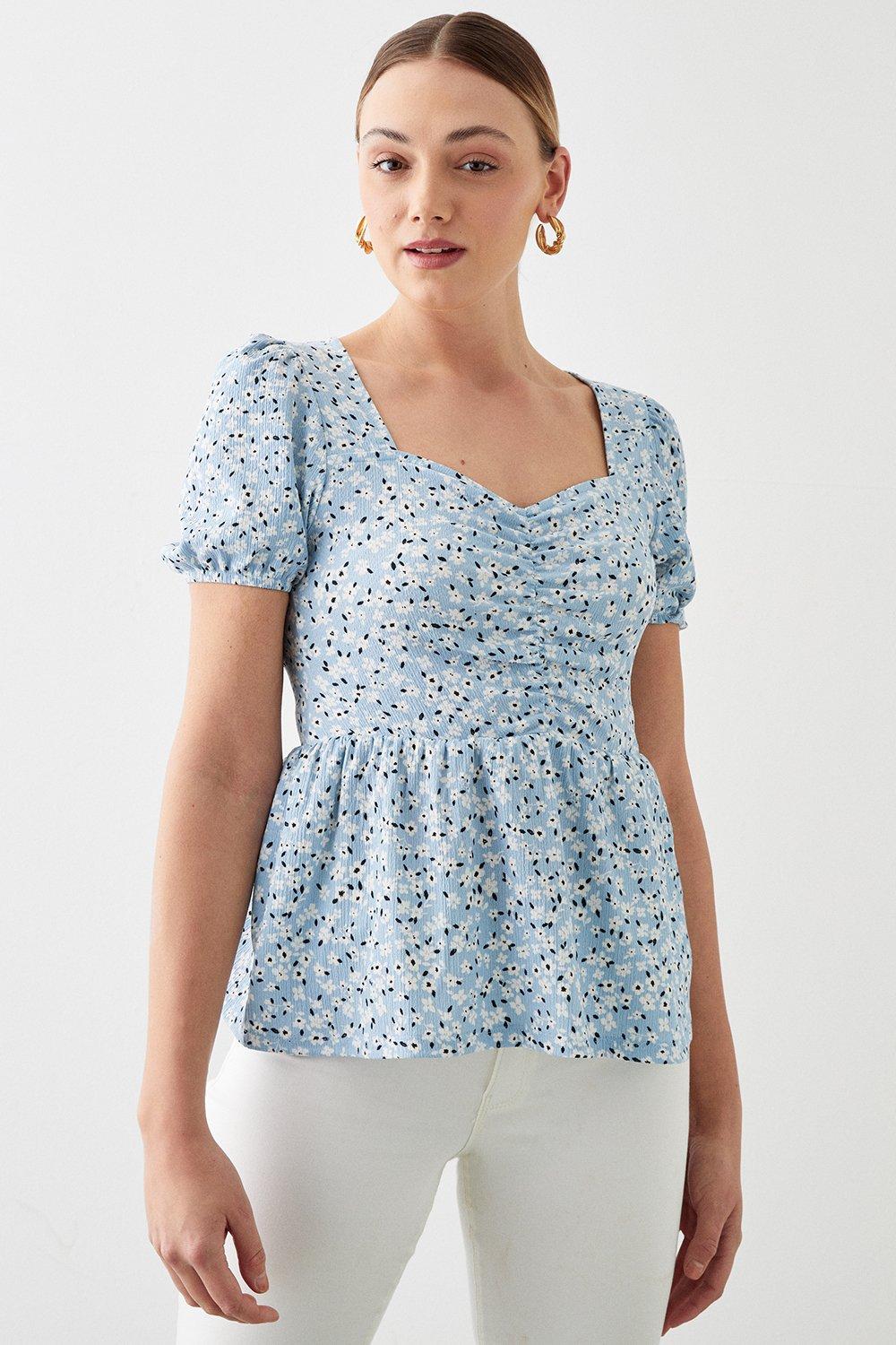 Womens Ditsy Printed Sweetheart Ruched Top
