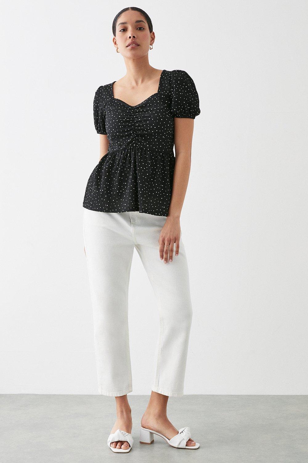 Womens Spot Printed Sweetheart Ruched Top