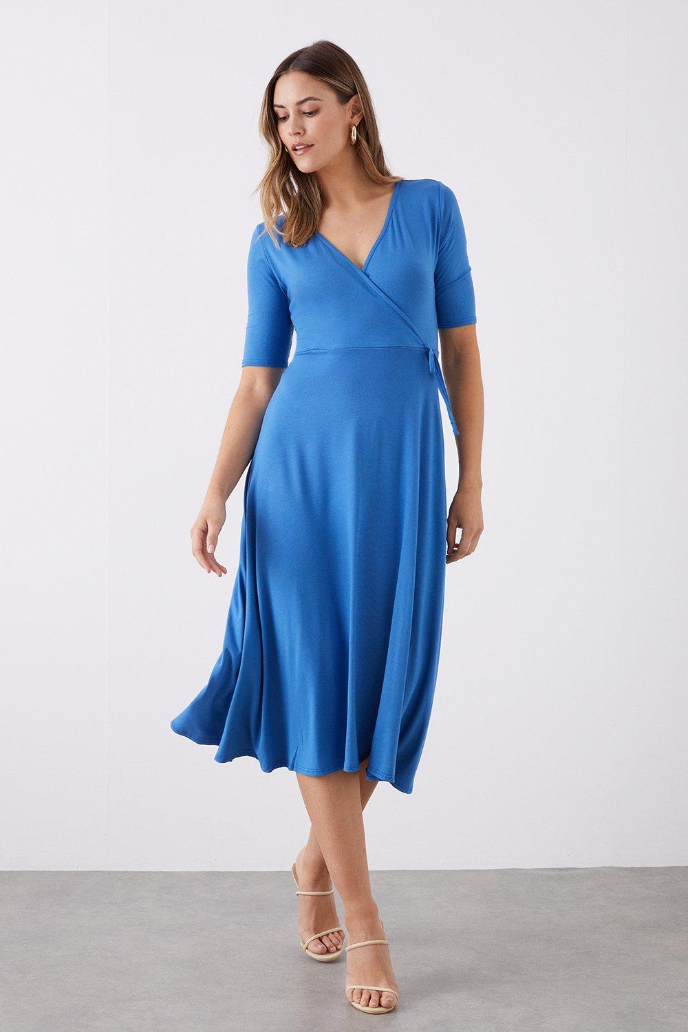 Womens Blue Wrap Short Sleeve Midi Dress