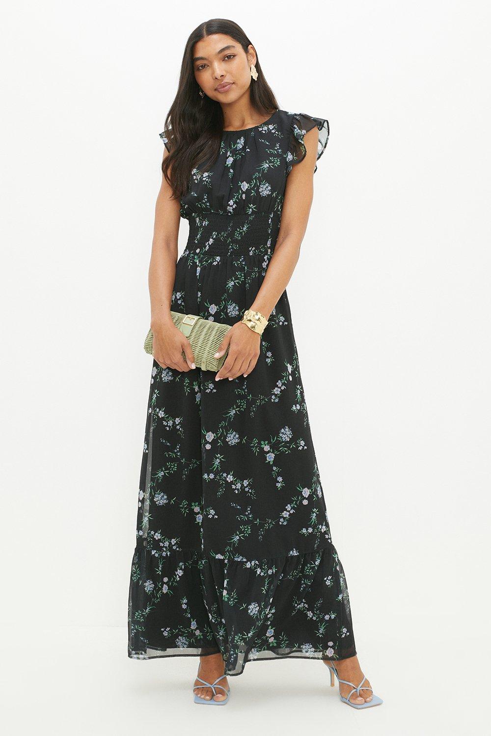 Womens Tall Black Floral Chiffon Shirred Waist Midi Dress