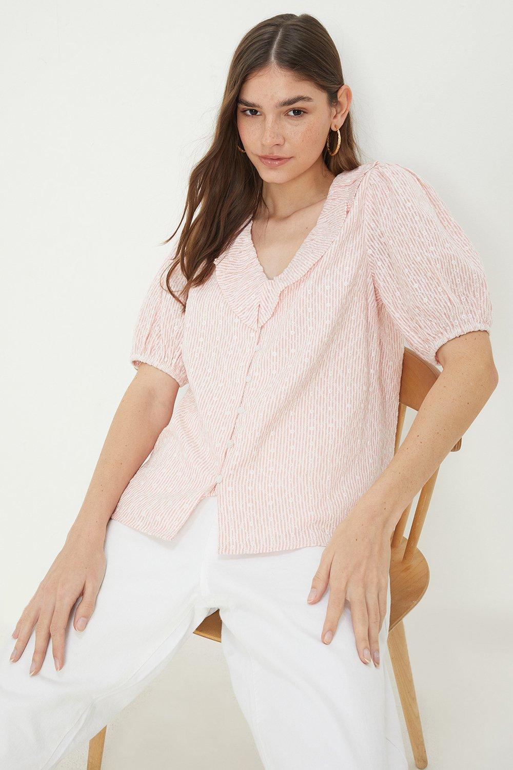 Womens Pink Stripe Embroidered Ruffle Neck Top