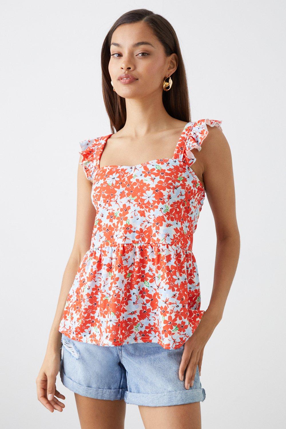 Womens Petite Red Floral Strappy Blouse