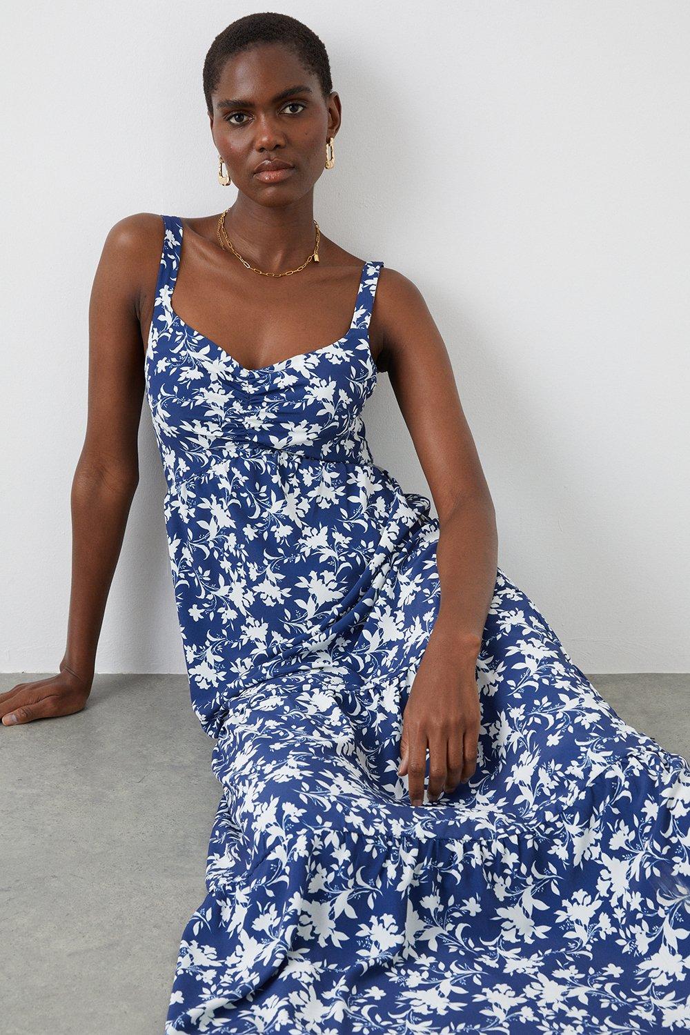 Womens Cobalt Floral Strappy Tiered Midi Dress
