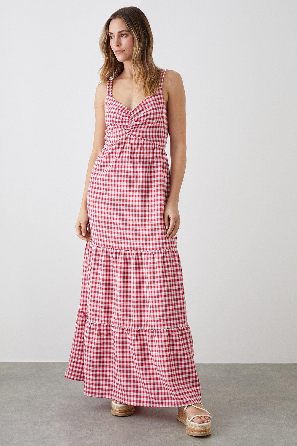 Womens Red Gingham Strappy Tiered Midi Dress