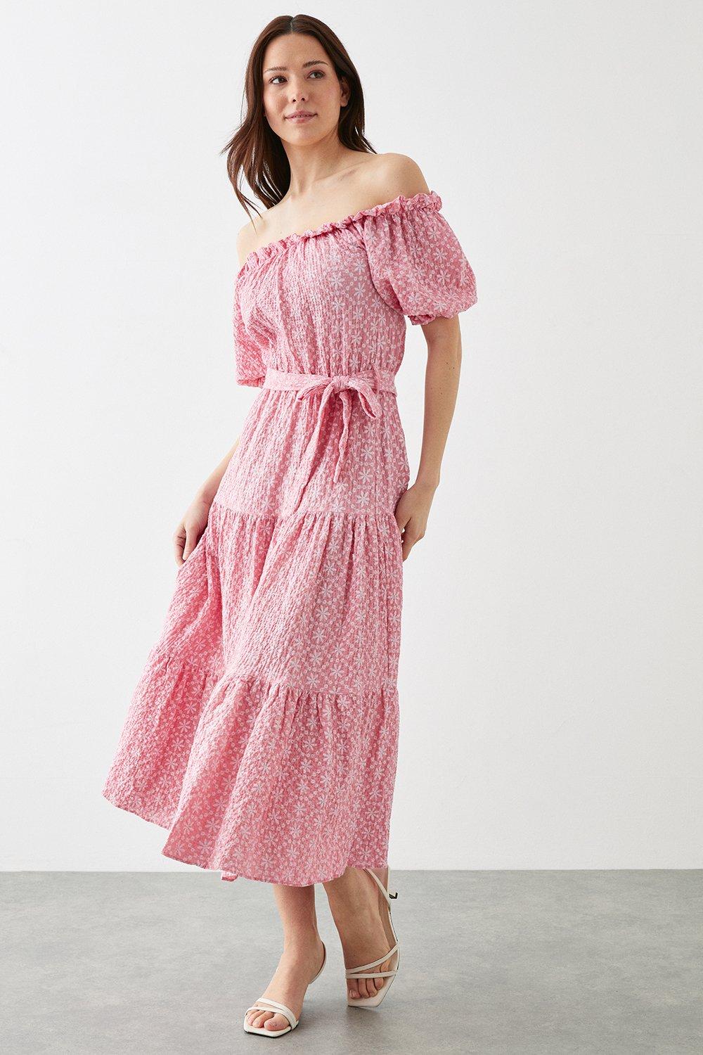 Womens Tiered Bardot Midi Dress