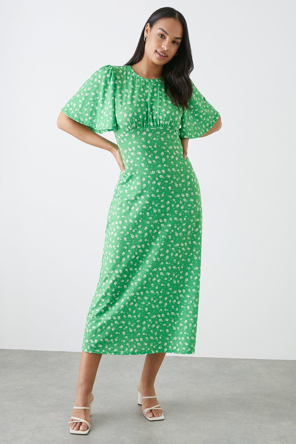 Womens Green Ditsy Flutter Sleeve Midi Dress