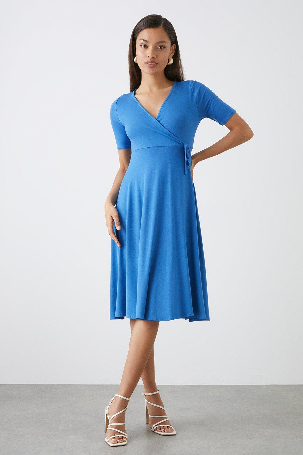 Womens Petite Short Sleeve Jersey Wrap Dress
