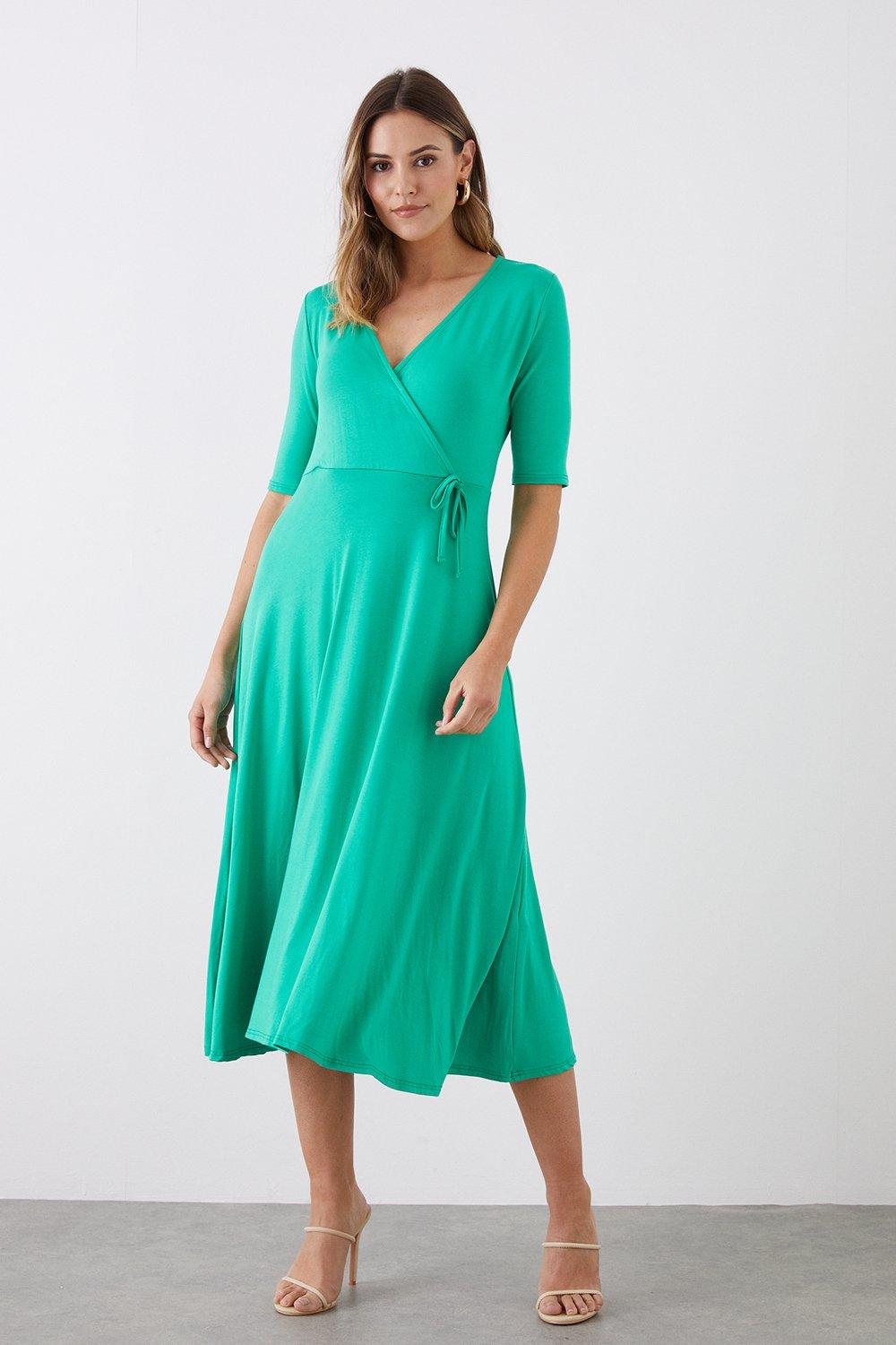 Womens Tall Green Short Sleeve Jersey Wrap Dress