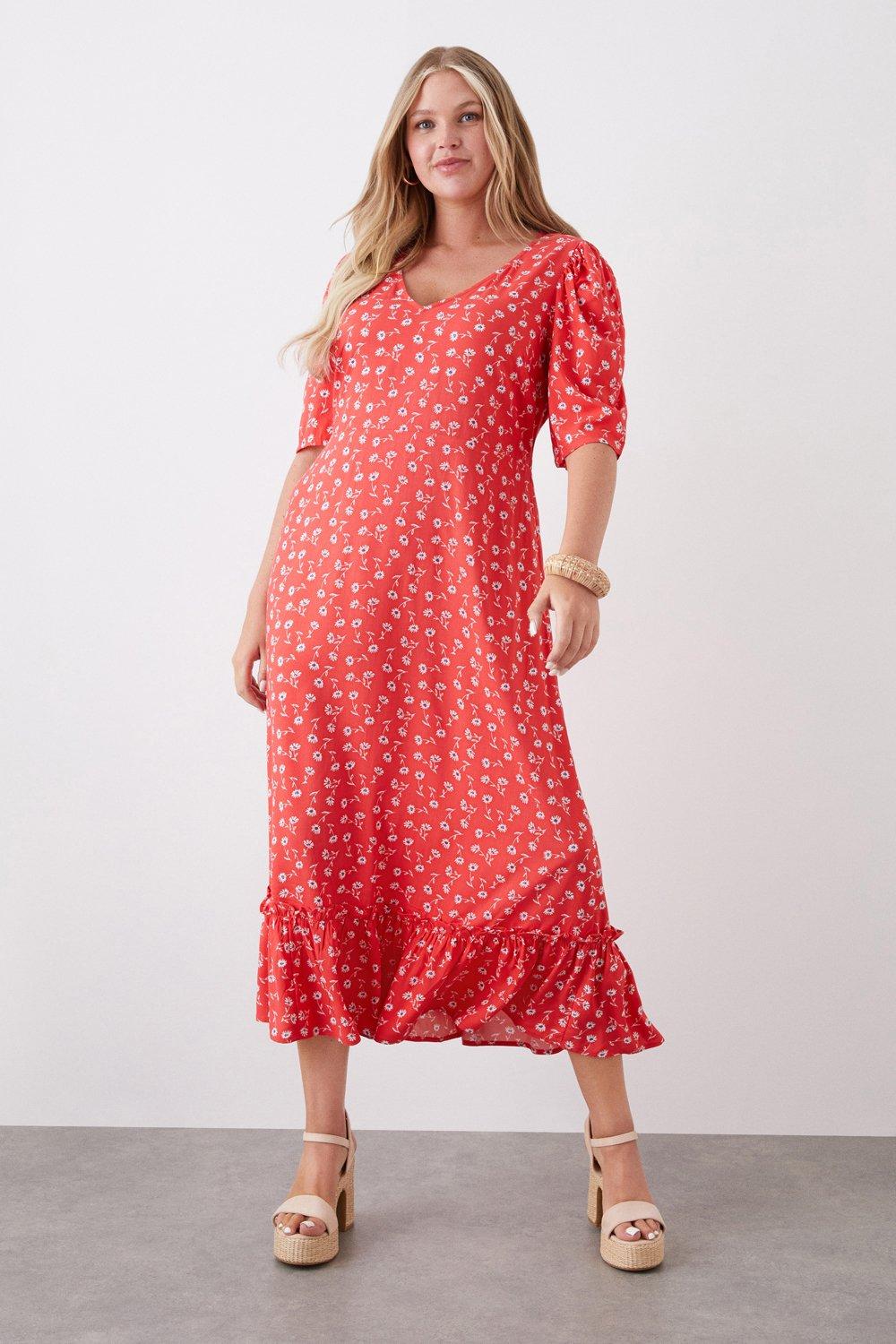Womens Curve Red Floral Tirered Short Sleeve Midi Dress