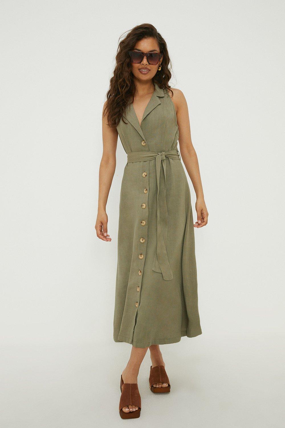Womens Petite Linen Button Front Sleeveless Dress