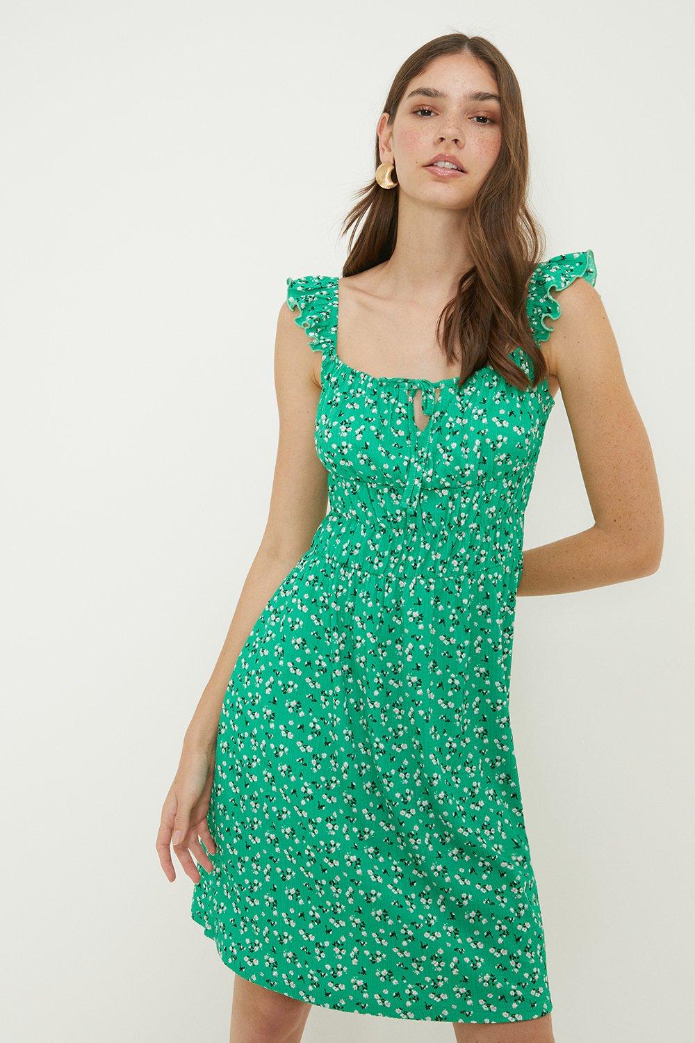 Womens Tall Green Ditsy Ruffle Mini Dress