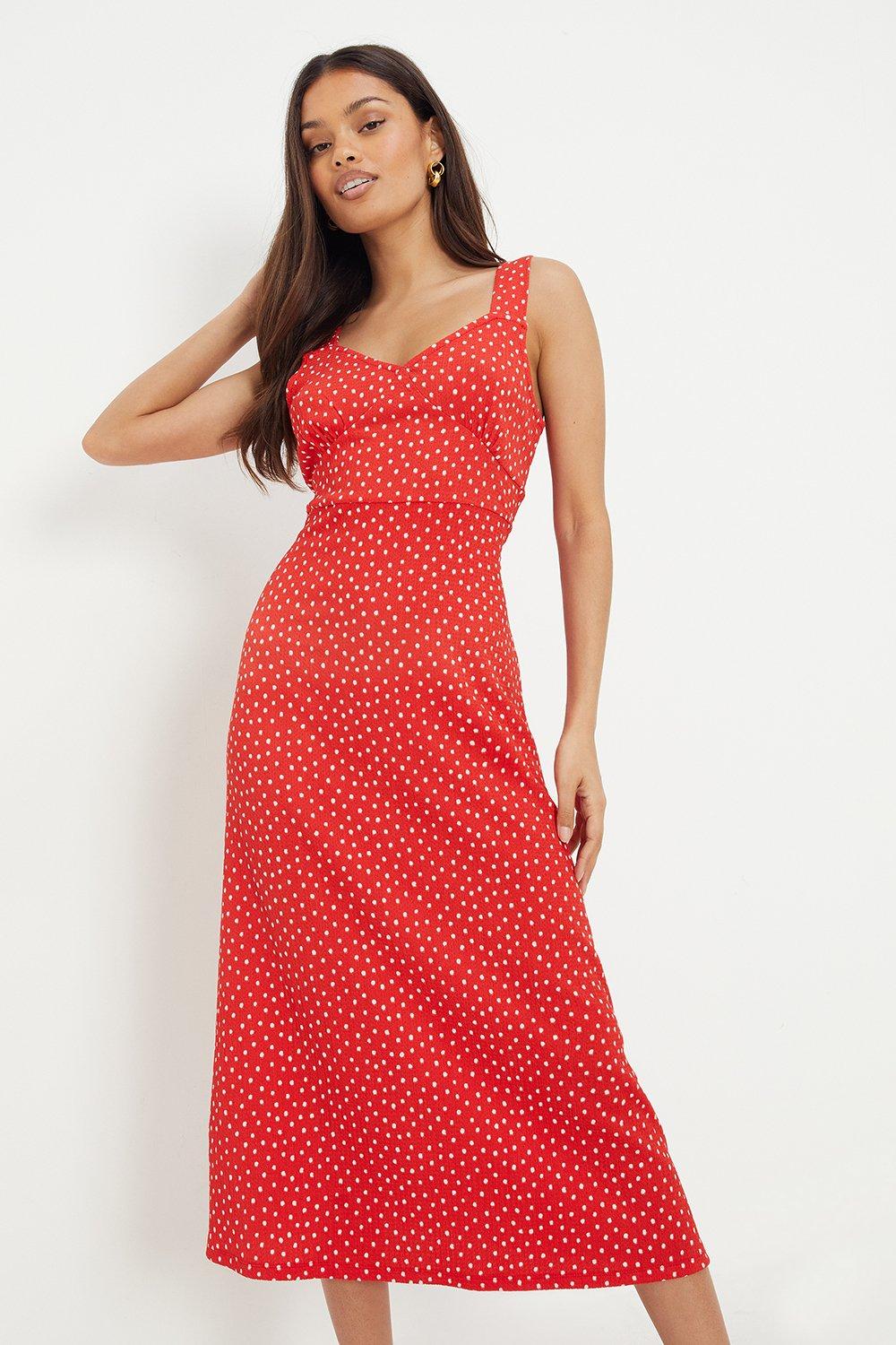 Womens Petite Red Spot Strappy Midi Dress