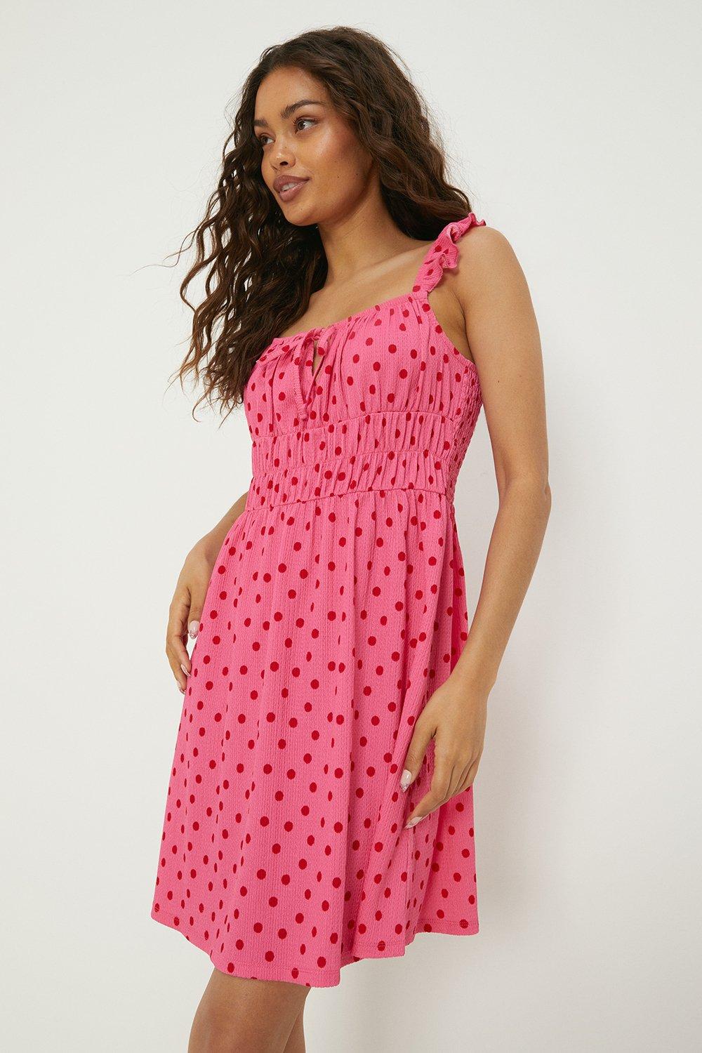 Womens Petite Pink Spot Ruffle Mini Dress