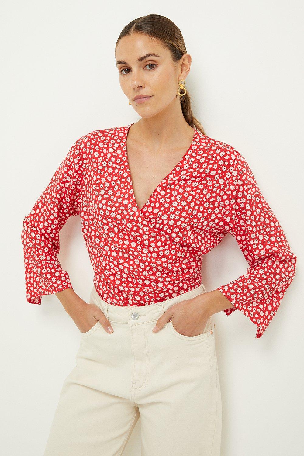 Womens Red Ditsy Wrap Top