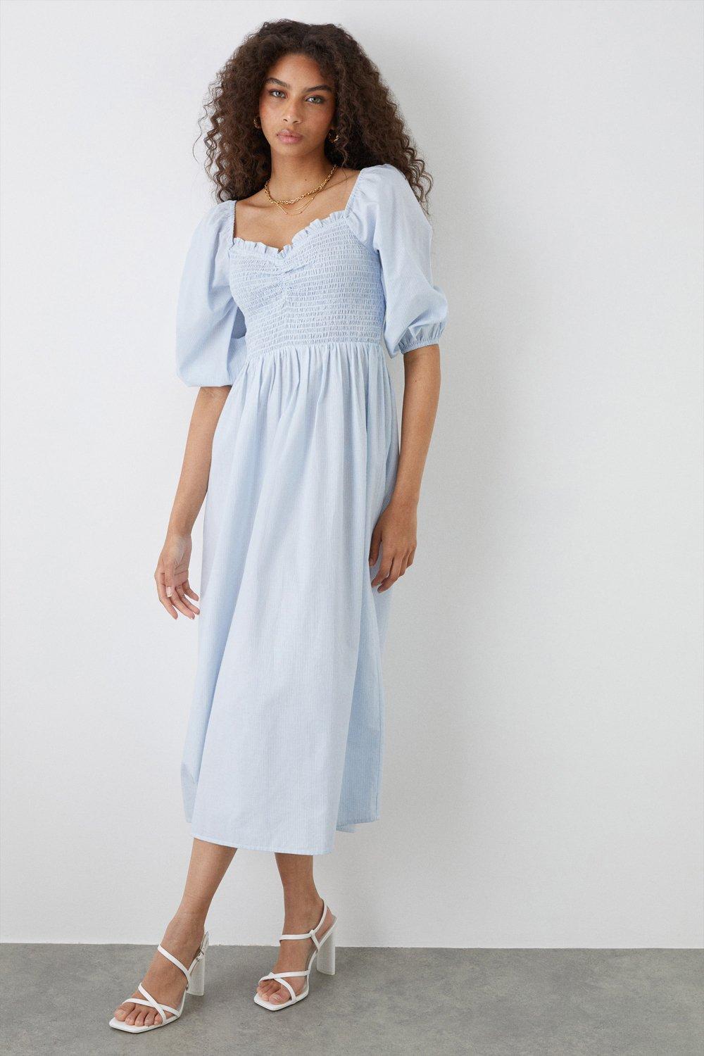 Womens Blue Stripe Shirred Bodice Midi Dress