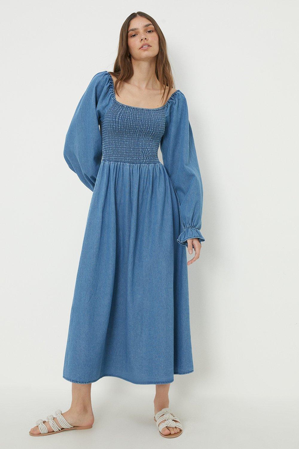 Womens Denim Shirred Midi Dress