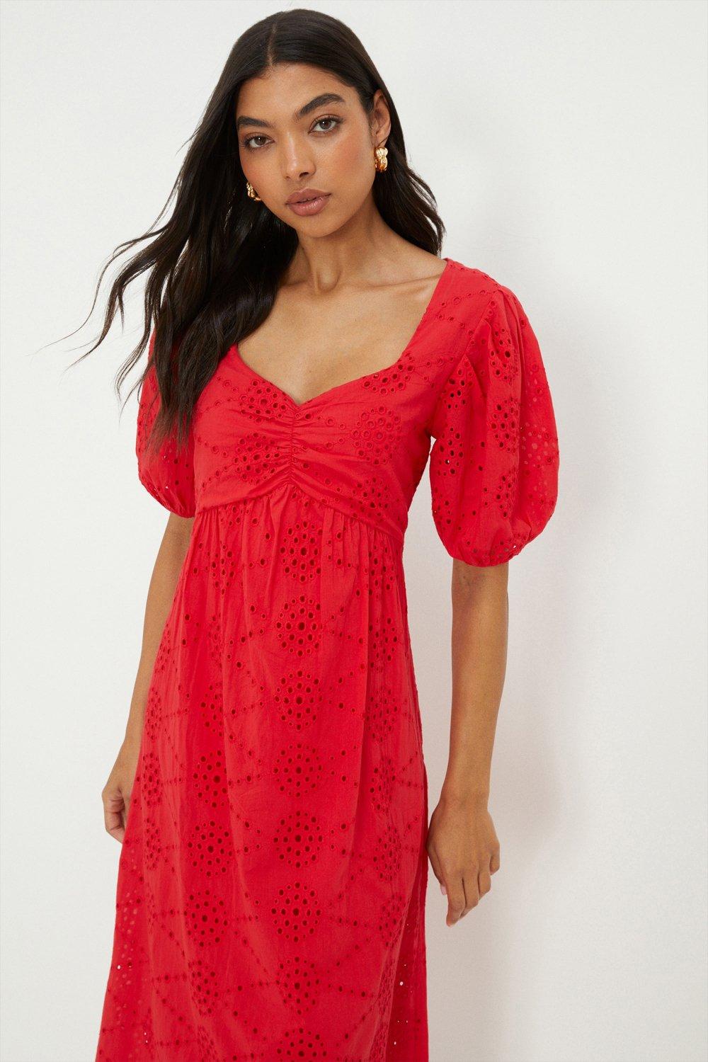 Womens Red Broderie Ruched Front Midi Dress