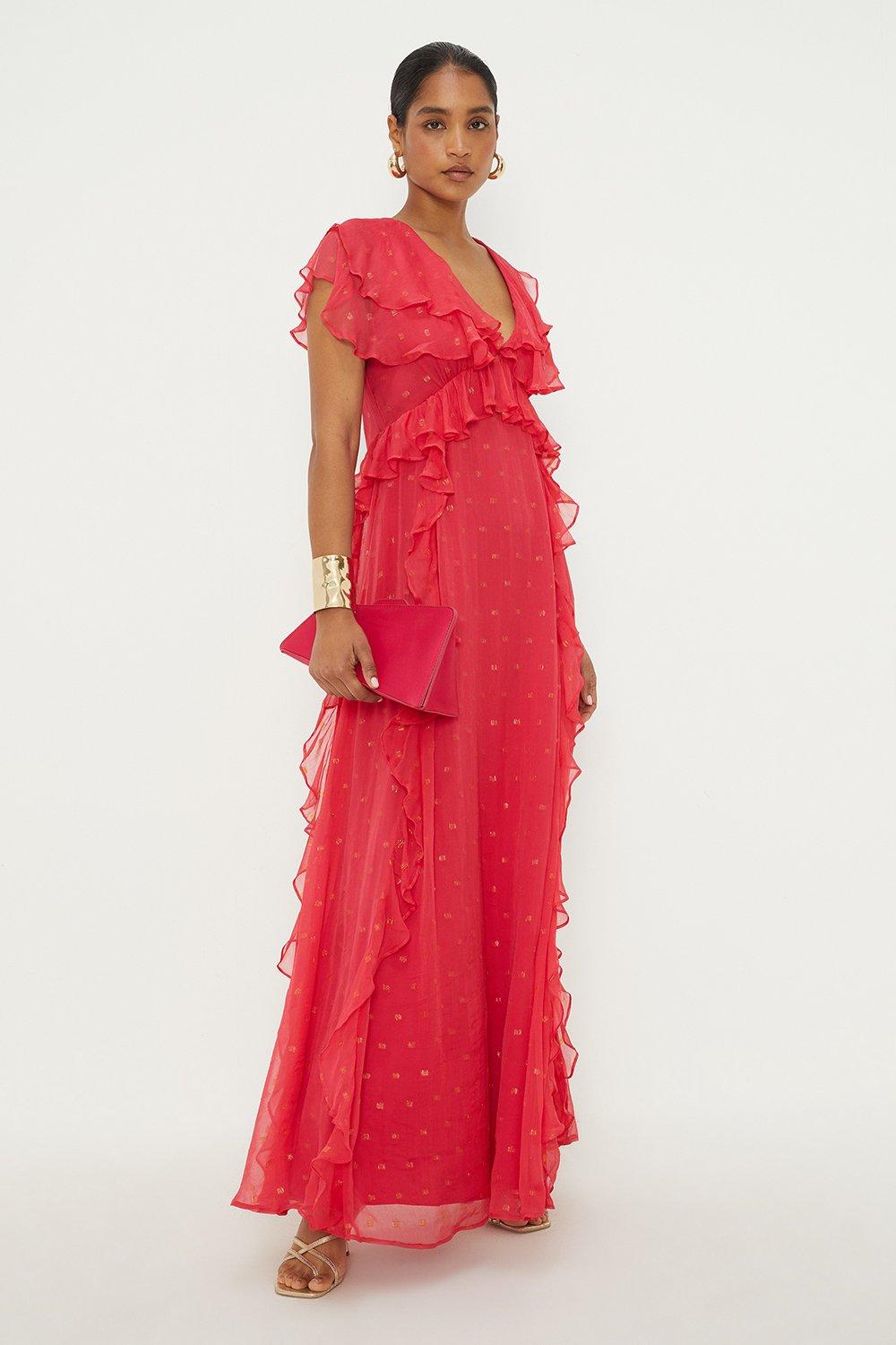 Womens Pink Metallic Spot Ruffle Midi Dress