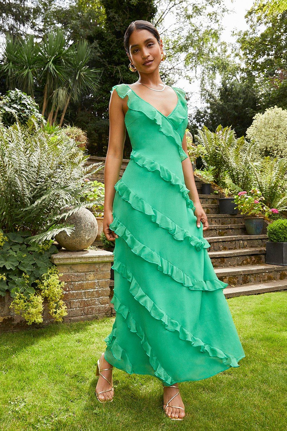 Womens Green Strappy Ruffle Maxi Dress