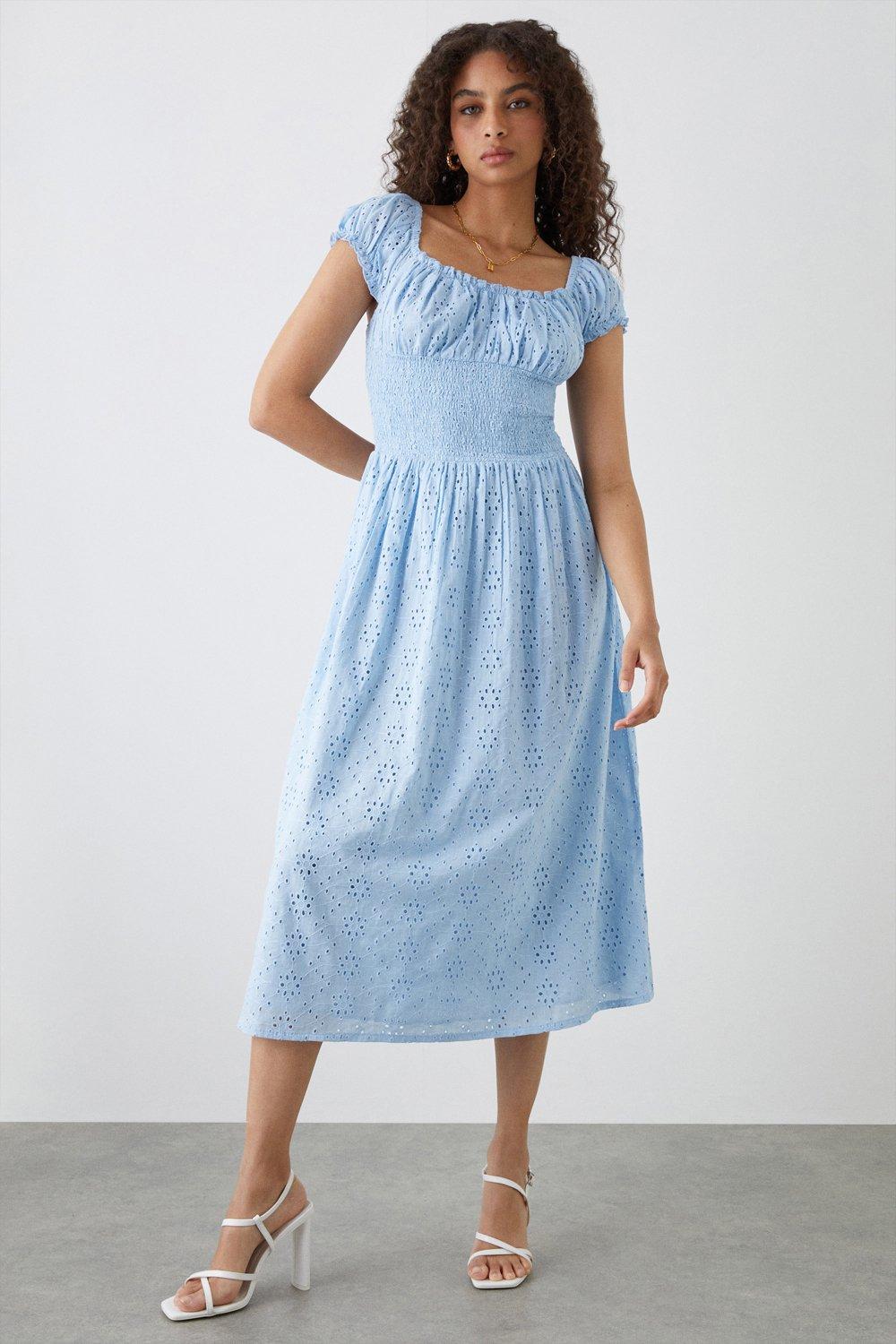 Womens Blue Shirred Waist Broderie Midi Dress